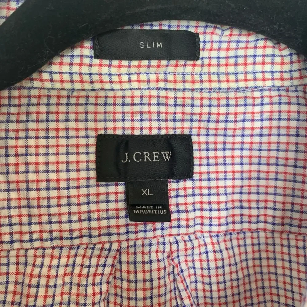 J. Crew Red White Blue Checked Button Down Shirt Slim Sz XL